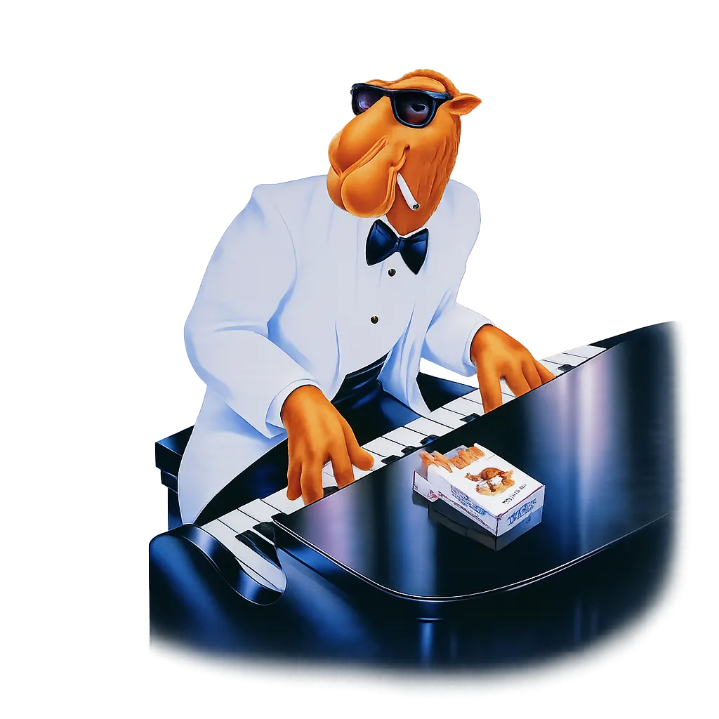 Joe Camel in a white dinner jacket and sunglasses, playing a grand piano with a pack of cigarettes resting on the lid